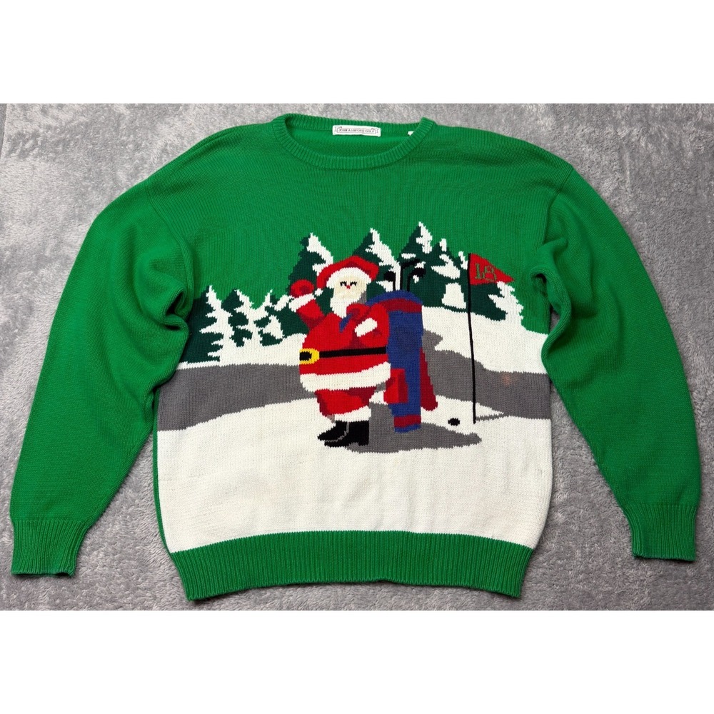 Vintage John Ashford Golf Ugly Christmas Sweater Mens XL Santa 18 Hole Cotton